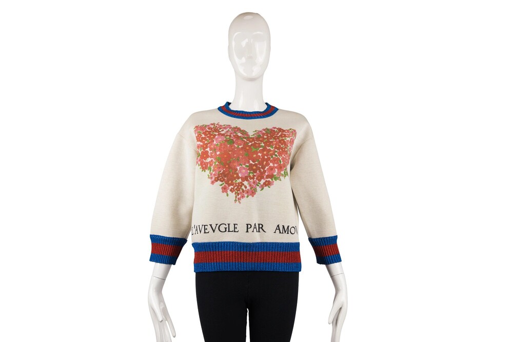 Gucci Cream Blue Red Floral Heart Print Knit Top Size XS